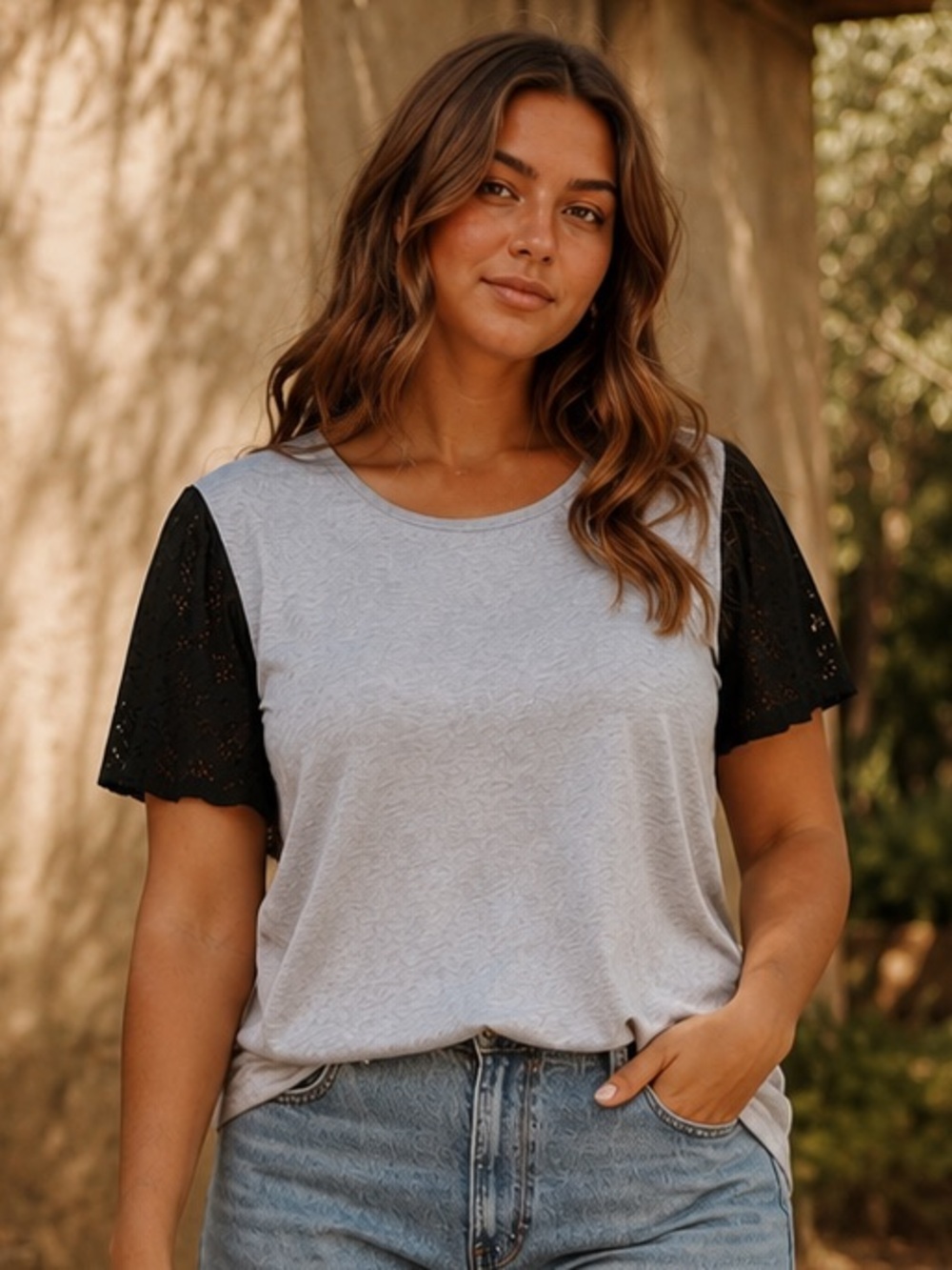 ASOS Curve Lace Sleeve T Shirt Gray Black Boho Casual Plus Size 16